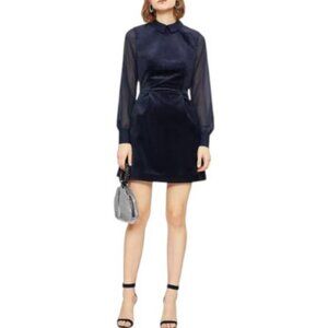 Ted Baker navy blue velvet sheer sleeves A-line flare skirt collar dress size 10